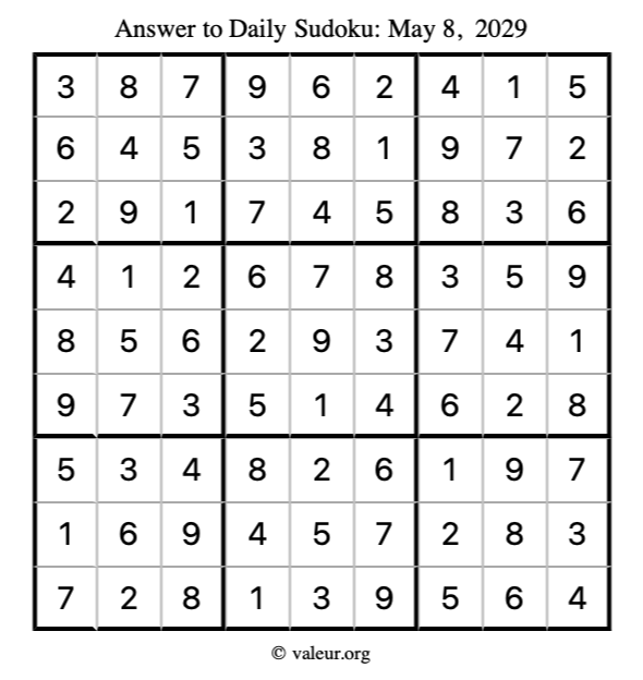 Answer to sudoku May 8, 2029