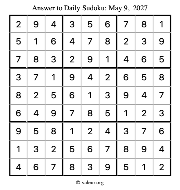 Answer to sudoku May 9, 2027