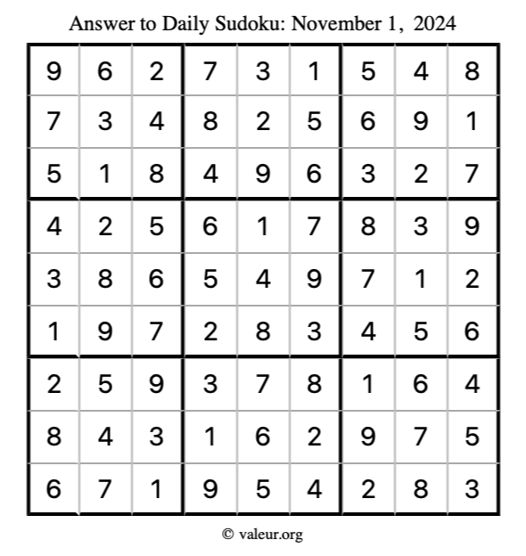 Answer to sudoku November 1, 2024