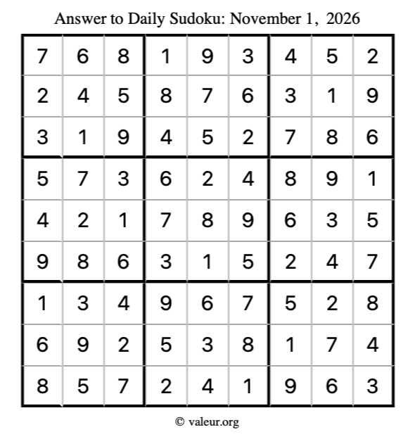 Answer to sudoku November 1, 2026