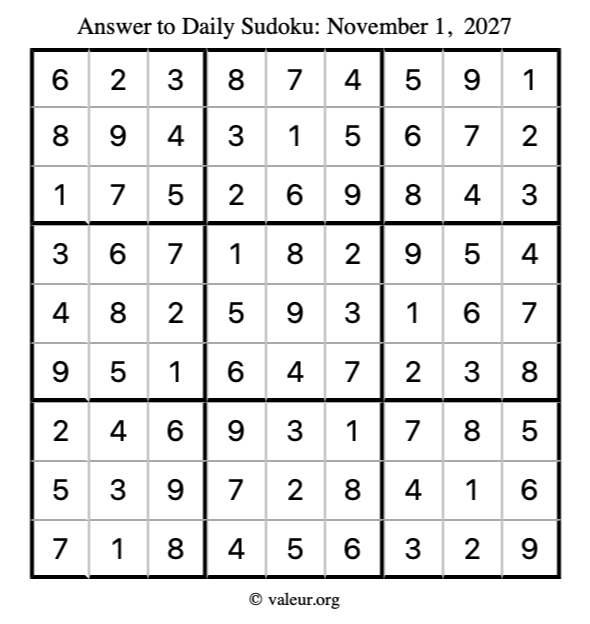 Answer to sudoku November 1, 2027