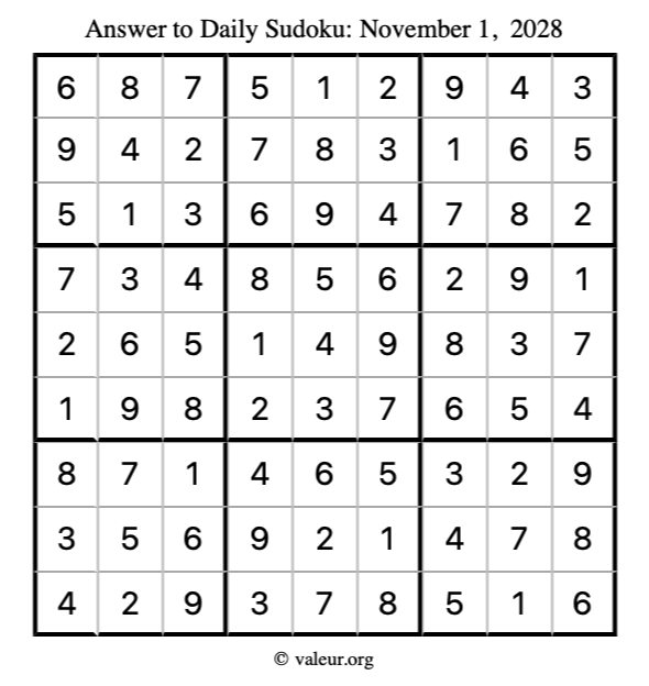 Answer to sudoku November 1, 2028