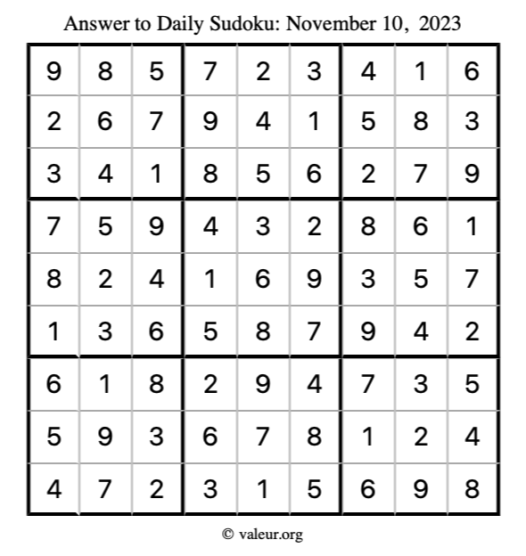 Answer to sudoku November 10, 2023