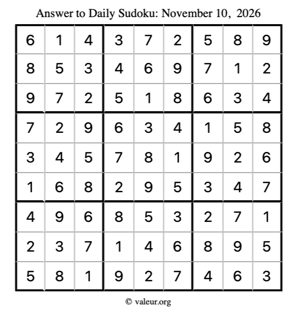 Answer to sudoku November 10, 2026