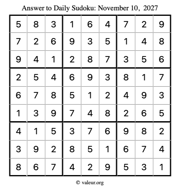 Answer to sudoku November 10, 2027