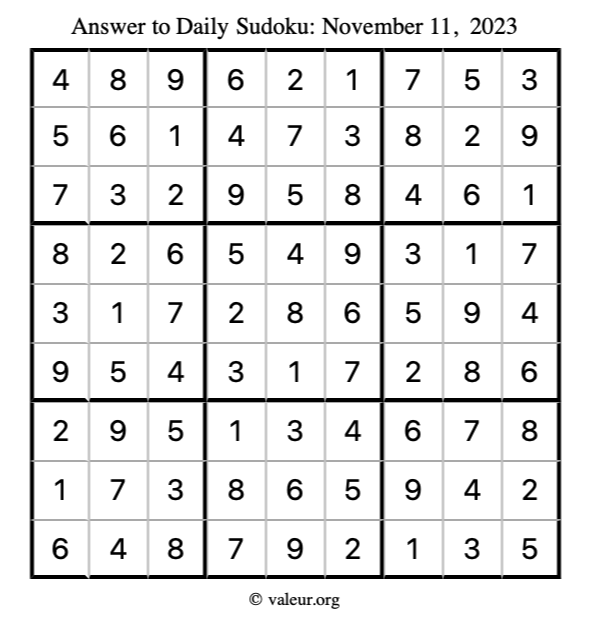 Answer to sudoku November 11, 2023