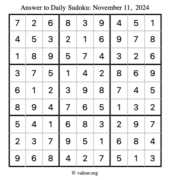 Answer to sudoku November 11, 2024