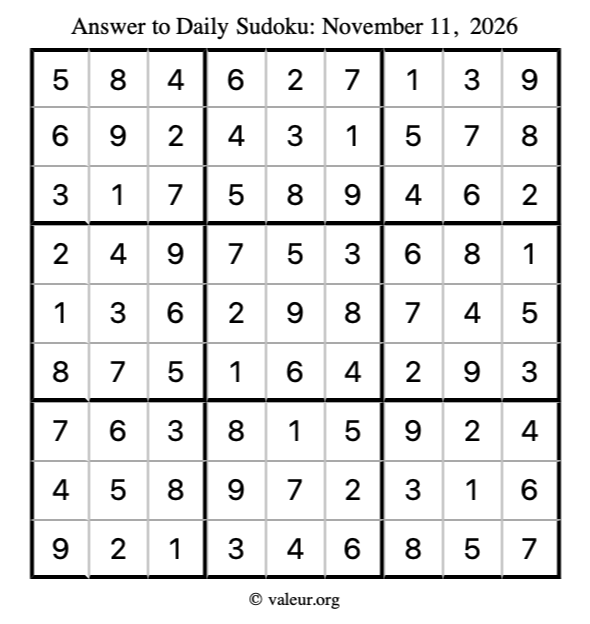 Answer to sudoku November 11, 2026