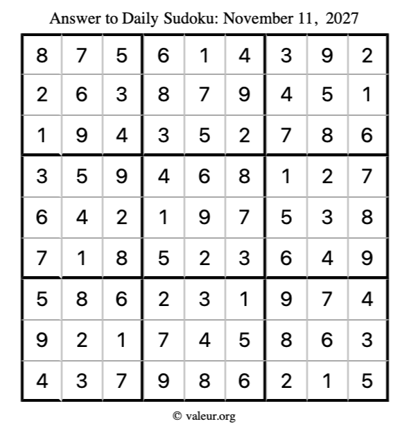 Answer to sudoku November 11, 2027