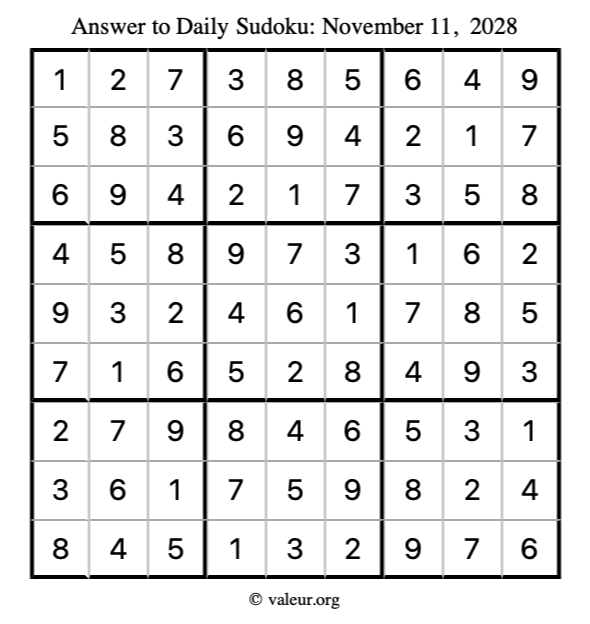 Answer to sudoku November 11, 2028