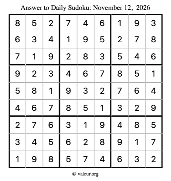 Answer to sudoku November 12, 2026
