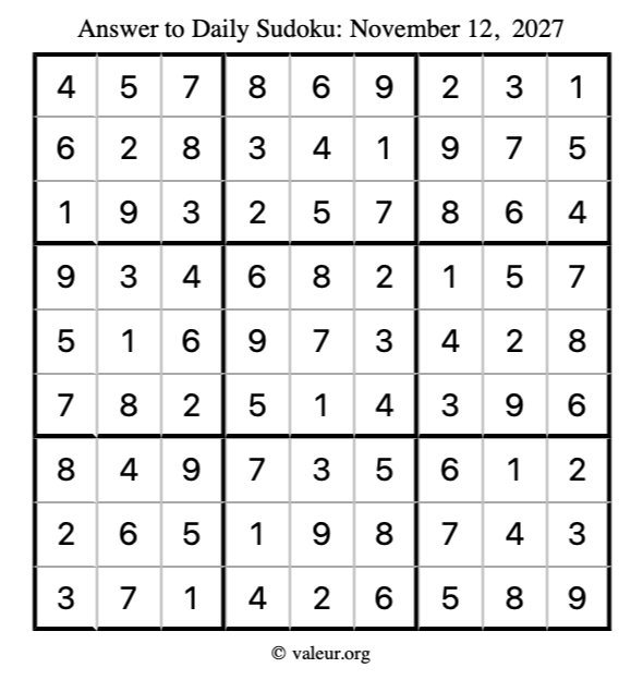 Answer to sudoku November 12, 2027