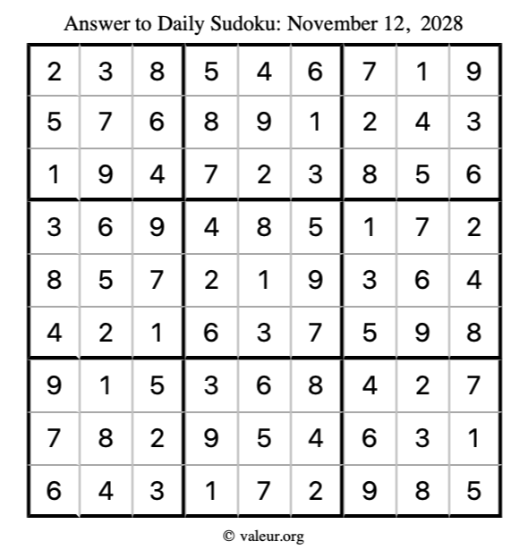 Answer to sudoku November 12, 2028