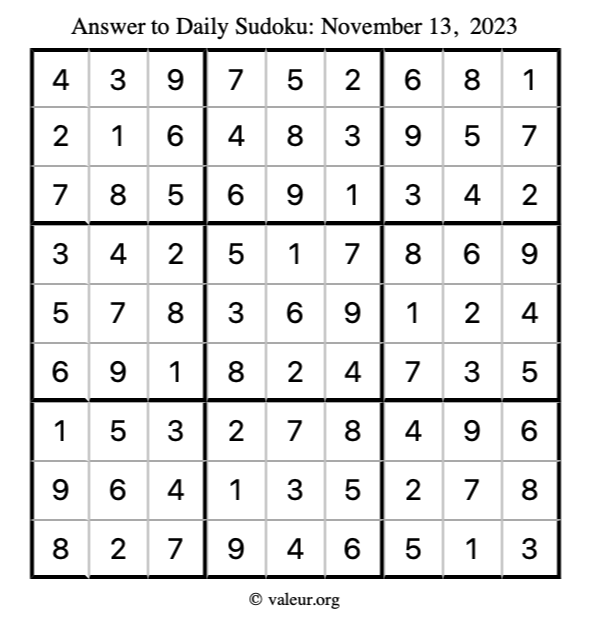 Answer to sudoku November 13, 2023
