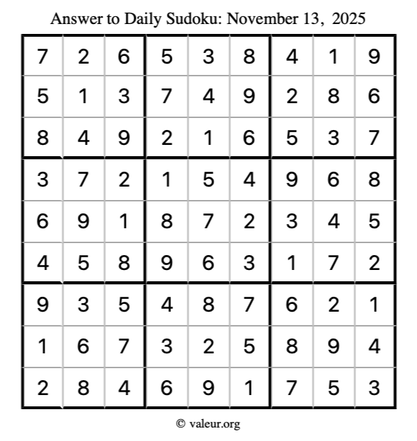 Answer to sudoku November 13, 2025