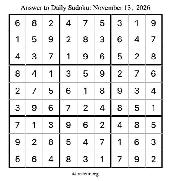 Answer to sudoku November 13, 2026