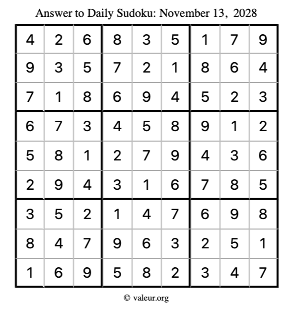 Answer to sudoku November 13, 2028