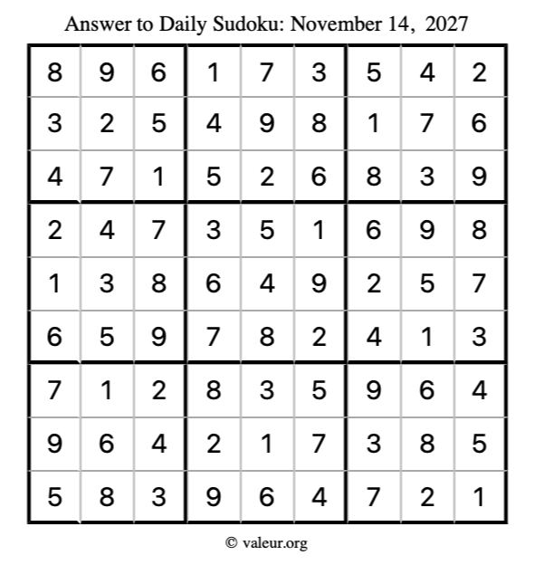 Answer to sudoku November 14, 2027
