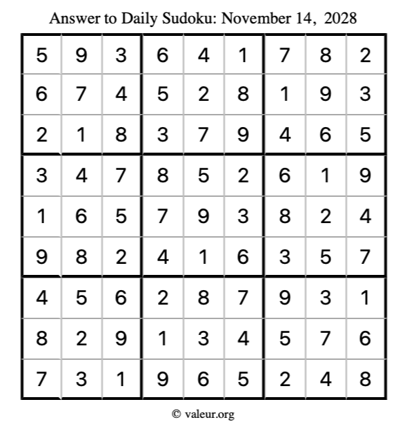 Answer to sudoku November 14, 2028