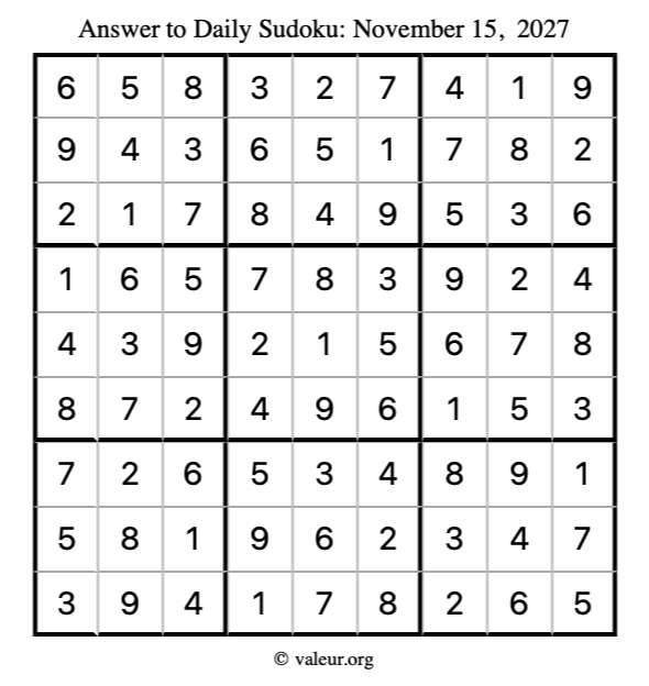 Answer to sudoku November 15, 2027