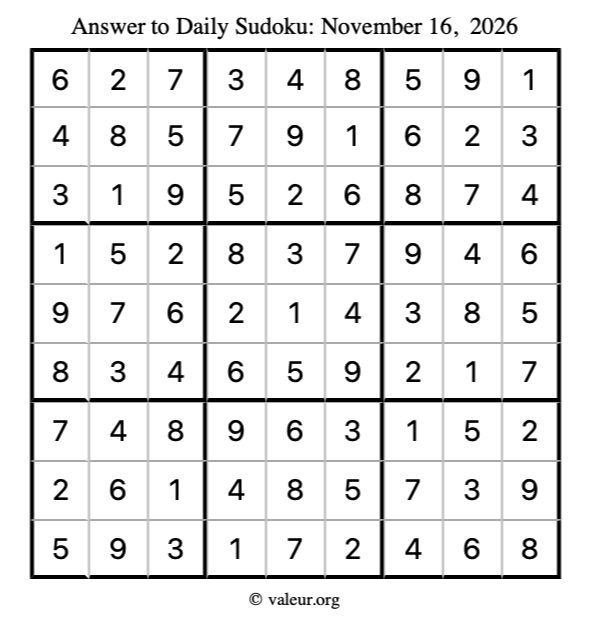 Answer to sudoku November 16, 2026