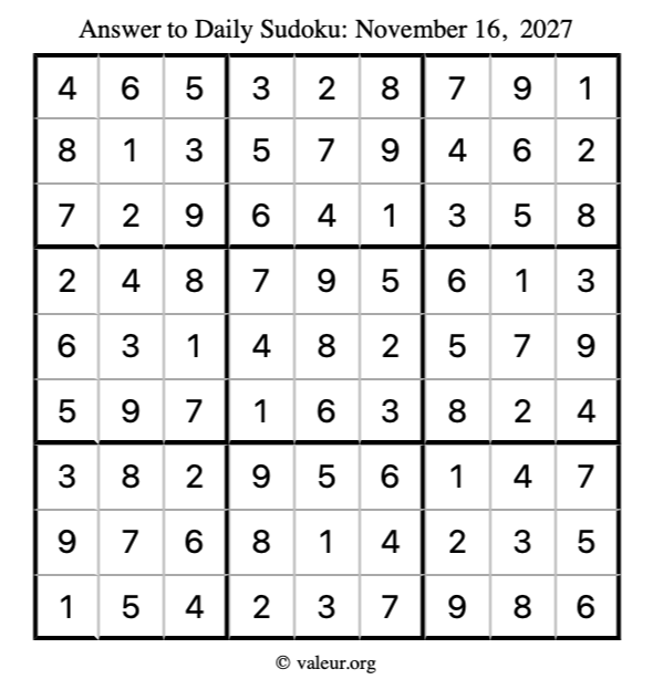 Answer to sudoku November 16, 2027