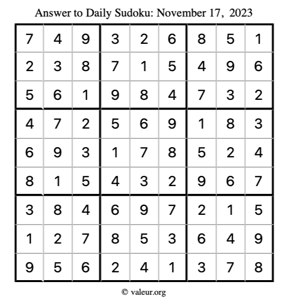 Answer to sudoku November 17, 2023