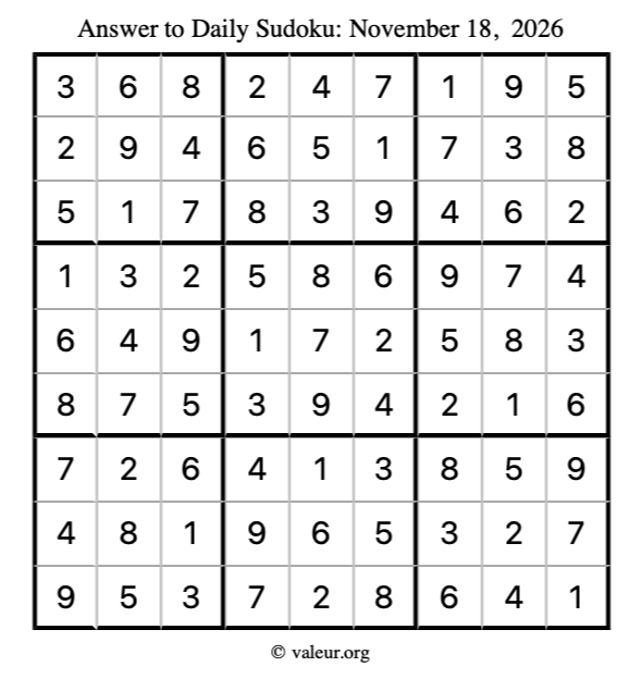 Answer to sudoku November 18, 2026