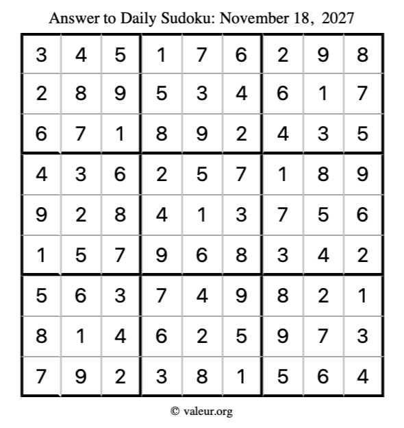 Answer to sudoku November 18, 2027
