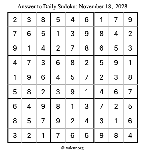Answer to sudoku November 18, 2028