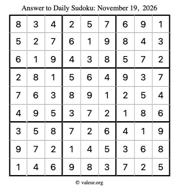 Answer to sudoku November 19, 2026