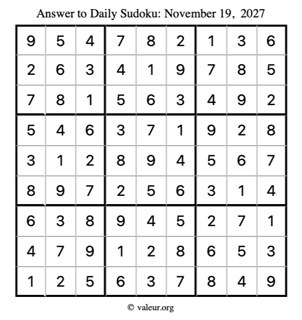 Answer to sudoku November 19, 2027