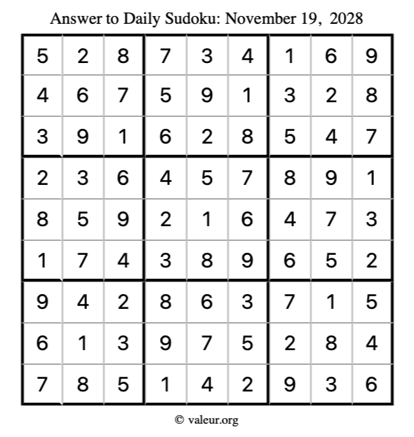 Answer to sudoku November 19, 2028