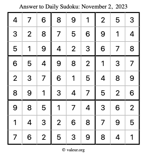 Answer to sudoku November 2, 2023