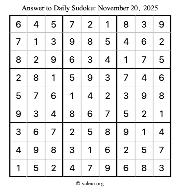 Answer to sudoku November 20, 2025