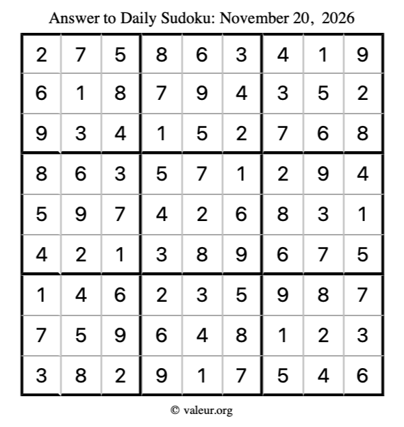 Answer to sudoku November 20, 2026