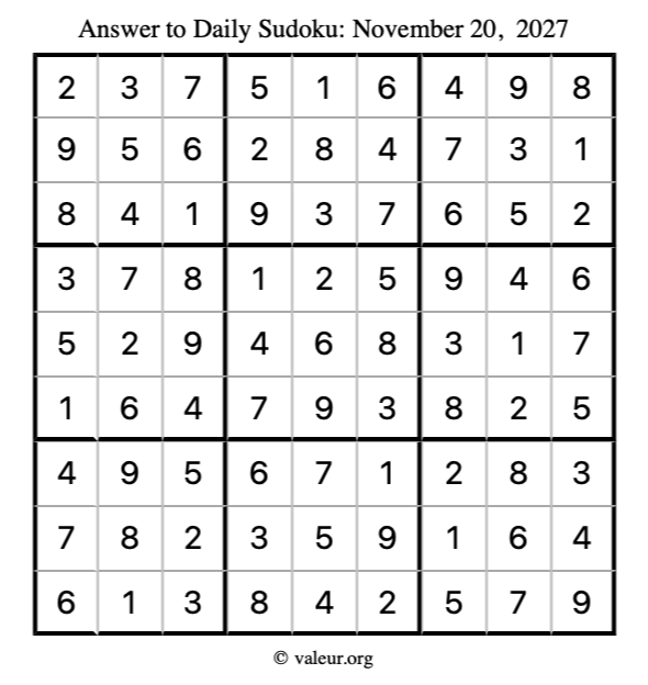 Answer to sudoku November 20, 2027