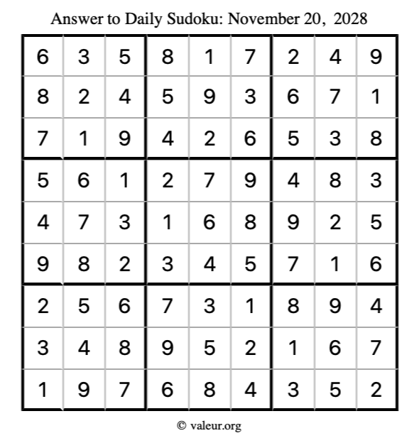 Answer to sudoku November 20, 2028