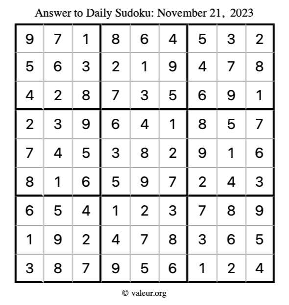 Answer to sudoku November 21, 2023