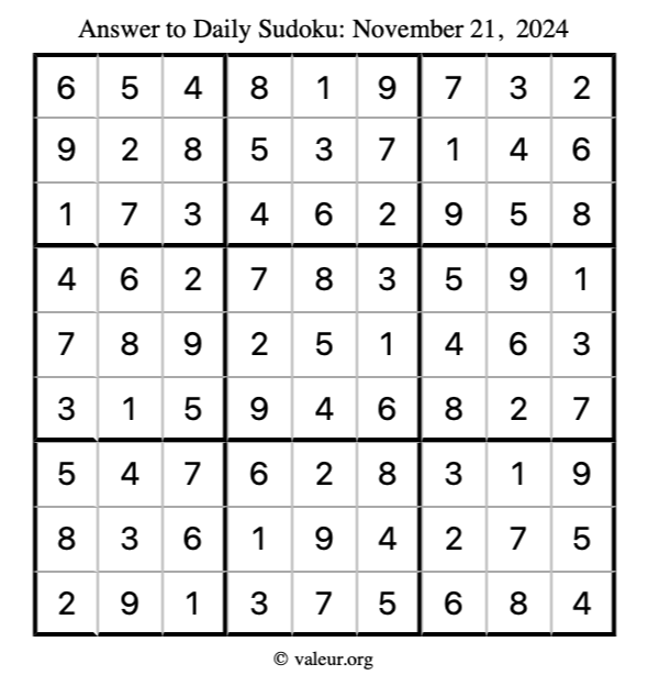 Answer to sudoku November 21, 2024