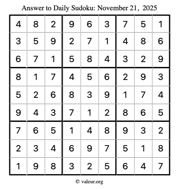 Answer to sudoku November 21, 2025