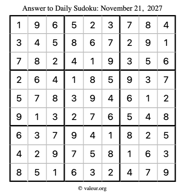 Answer to sudoku November 21, 2027