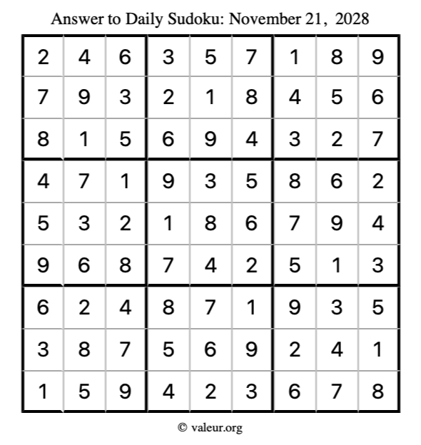 Answer to sudoku November 21, 2028