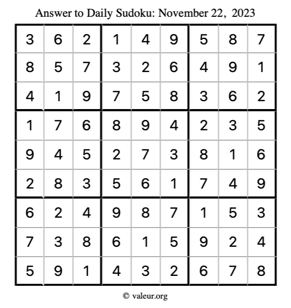 Answer to sudoku November 22, 2023