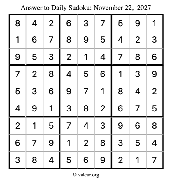Answer to sudoku November 22, 2027