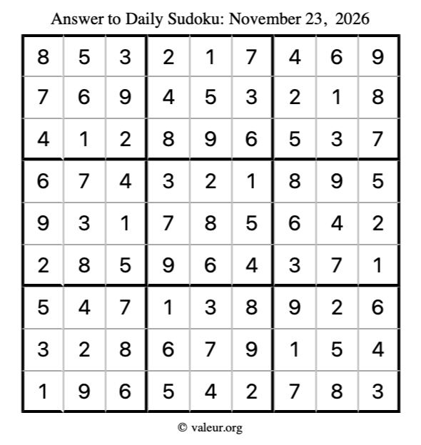 Answer to sudoku November 23, 2026