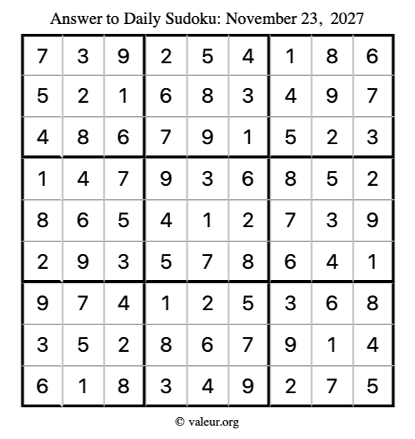 Answer to sudoku November 23, 2027