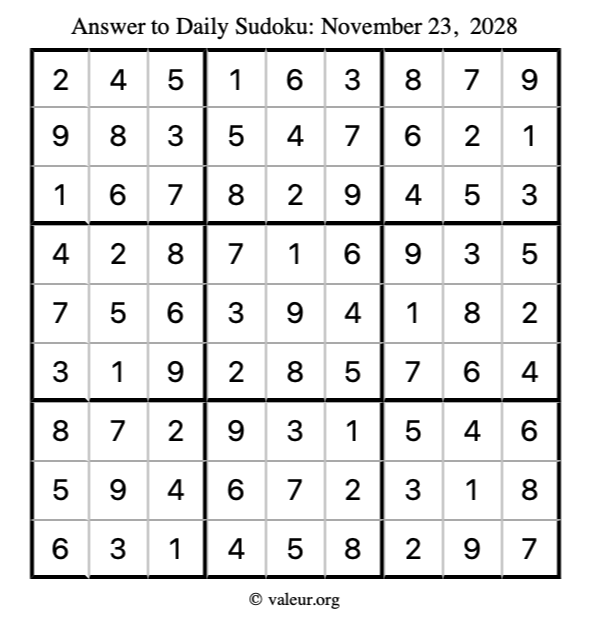 Answer to sudoku November 23, 2028