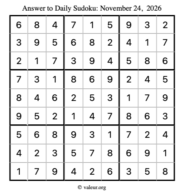 Answer to sudoku November 24, 2026