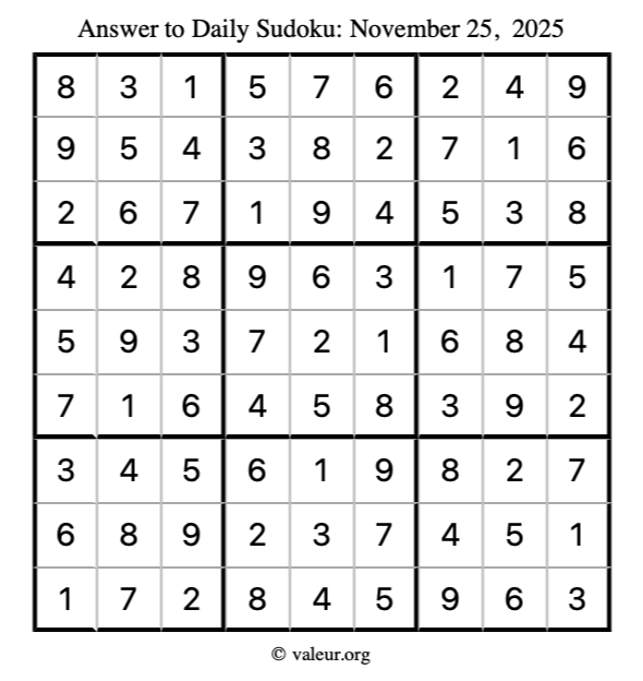 Answer to sudoku November 25, 2025